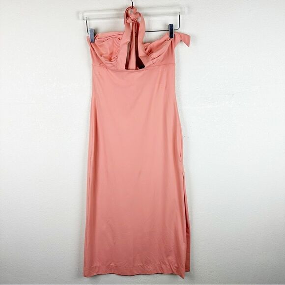 Bardot Orange Stretch Halter Midi Slit Dress Guilia Peach - Picture 7 of 7